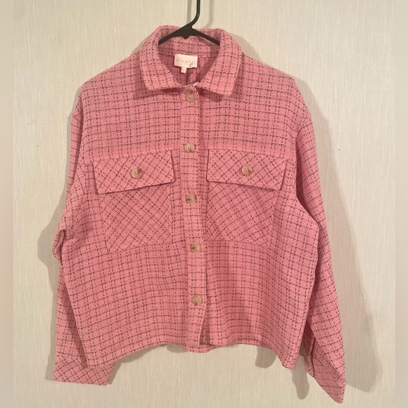 Entro Pink Tweed Button Up Shirt Jacket Shacket Barbiecore Feminine Size Medium - Picture 1 of 6